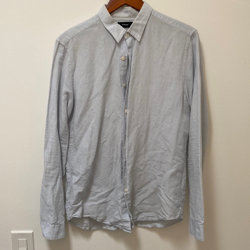 Theory baby blue linen shirt